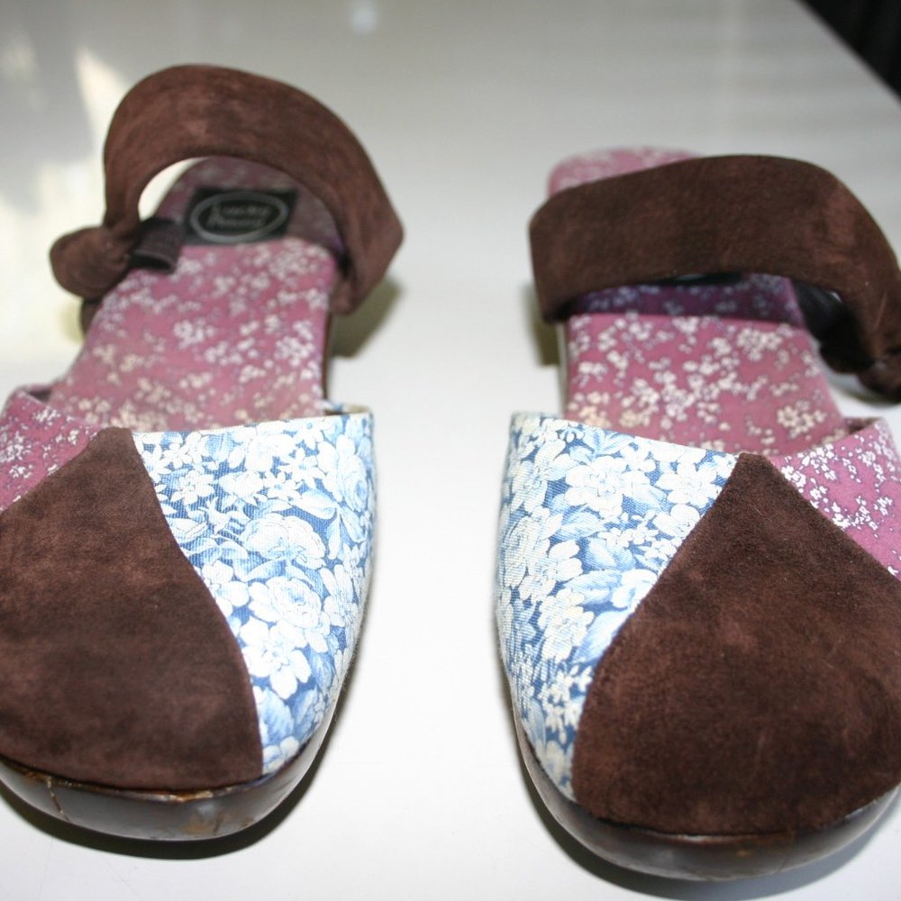 LUCKY PENNY Patchwork Clog Size 8 Wooden Platform/Walnut Stain*Fabric*Suede - Picture 2 of 13